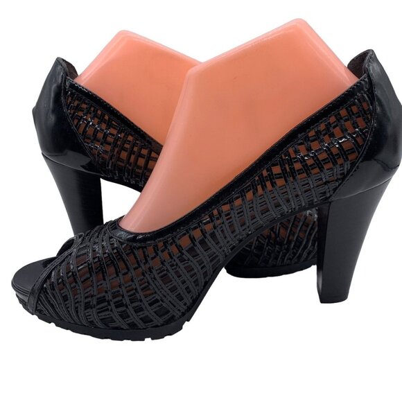 Aquatalia Heels Peep Toe Pumps Laser Cut Out Black Patent Leather Women’s Sz 9. - Picture 1 of 12